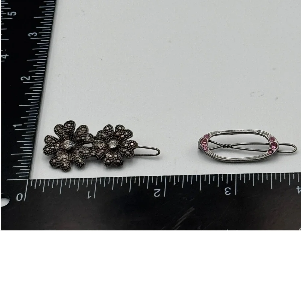 Vintage Silver Tone Rhinestone Hair Clip Set Floral and Oval Pink Clear 2pc